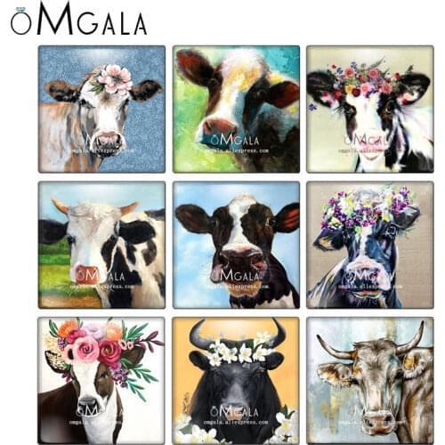 Lovely Cow Bull Cattle Ink Art Paintings 10pcs mixed 12mm/20mm/25mm/30mm photo glass cabochon demo flat back Making findings