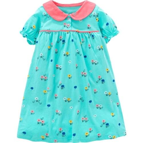 Little Maven New Summer Kids Cute Green Floral Printed O-neck Girls 2-7yrs Peter Pan Collar Short Sleeve Cotton Knitted Dresses