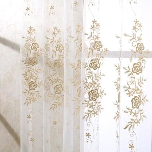 Europe Gold Luxury Sheer Curtains Kitchen Beige Tulle Window Drapes Rose Embroidery Living Room Bedroom Decor