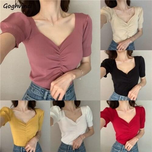T-Shirts Women 7 Colors Knitted Puff Sleeve Casual Solid Slim Sexy Ladies Tops Students Clothing Female Party Harajuku Simple