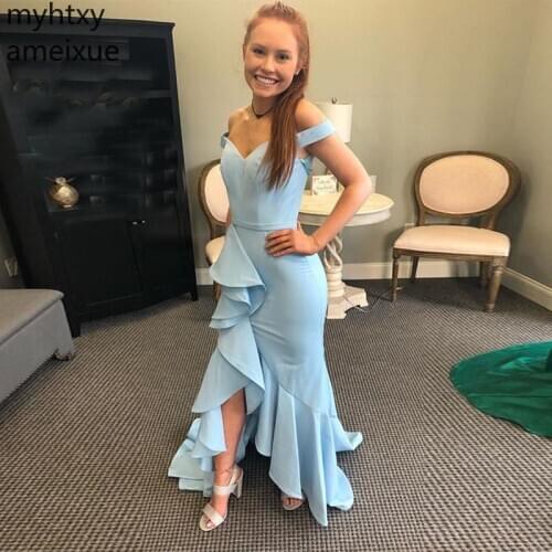Custom Off The Shoulder Plus Size Event Prom Dresses Boat Neck Light Blue Ruffles Formal Evening Party Front Split Dress Elegant