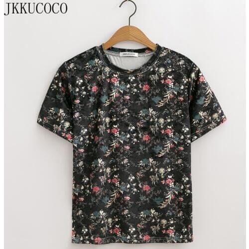 JKKUCOCO 2018 Chinese Style little Flowers Print Casual T-shirt Women Shirt Hot Tops Tees Short Sleeve Summer Velvet t shirt