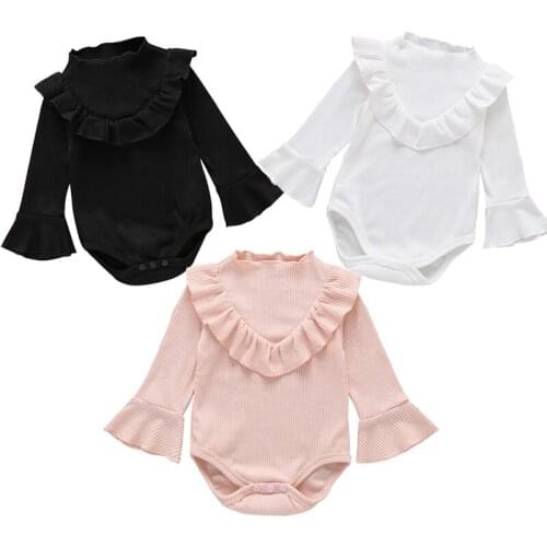 Baby Spring Clothing Newborn Baby Girl Ribbed Jumpsuit Bodysuit Flare Long Sleeve Clothes Solid Outfits For 0-18M