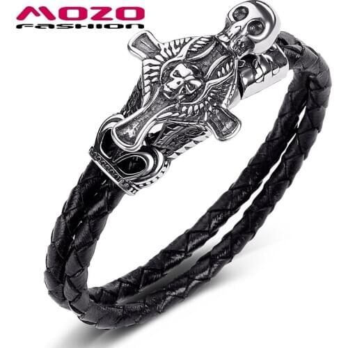 Leather Bracelet Fashion Men Jewelry Black Double Layer Stainless Steel Punk Cross Skull Charm Hot Bangle PS1024
