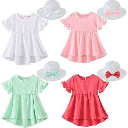 Girls Summer Dresses + Hat Kids Ruffle Short Sleeves Irregular Sundress Fashion Clothes Children Solid Color Princess Dress