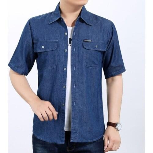 Mens Short-sleeved Solid Denim Shirt Fashion Brand Classic Retro Denim Pocket Decoration Business Cotton Shirt Sumer Tops