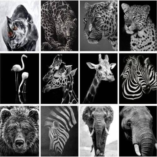 Nordic Black White Canvas Diamond Painting Animal Wall Art Lion Elephant Deer Zebra Wall Pictures for Living Room Home Decor