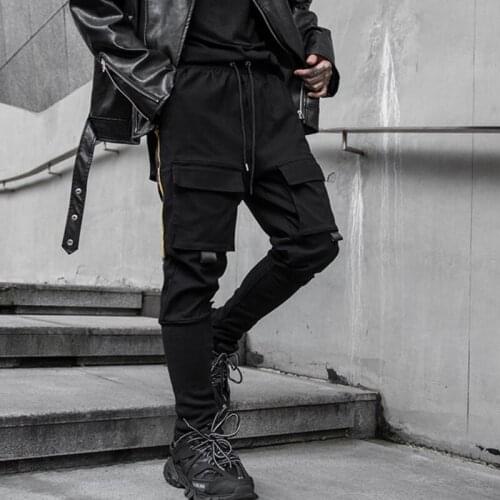 Drop shipping men multi pockets hip hop cargo pants vintage punk joggers mens casual skinny sweatpants elastic waist trousers