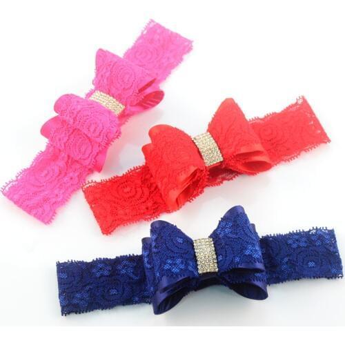 12pcs/lot Chic European Style Stretchy Lace Headband with PVC Bow Lace Covered Bowknot Baptism Headwear Accessories FD224