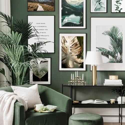 Modern Wall Art Prints Golden Green Leaves Poster Landscape Inspirational Quotes Canvas Paintings Picture Living Room Home Decor