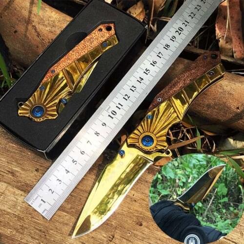 ON SALE! Gold Titanium Mirror Tactical Folding Knife Wood Handle Rescue Hunting Knife CD GO EDC Tool Outdoor Self-defense Tools