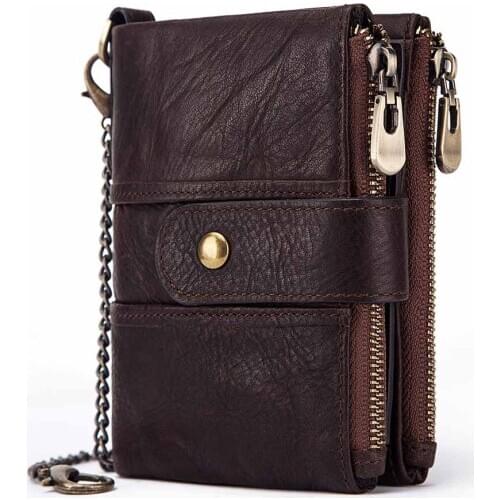 High Quality Unique Mens Short Leather Wallet Anti-magnetic RFID Double Zipper Multi-function Cross-border Coin Bag