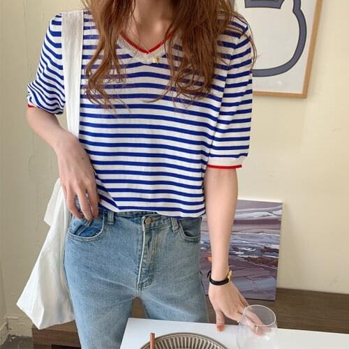 BOBOKATEER Short Sleeve Casual Striped T Shirt Women Clothes Poleras Mujer Knitted Woman Tshirt Femme Tee Shirt T-shirty Damskie
