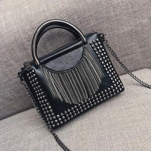 Punk Style Women Bag Top-handle PU Leather Handbag with Rivet and Tassel Purse Womens Shoulder Bags Small Cross Body Bag Chain