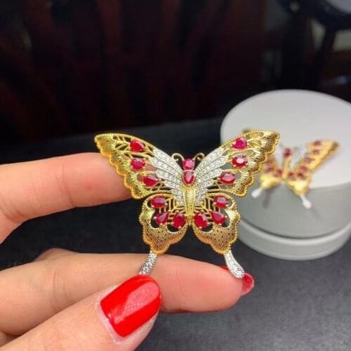 Grace Butterfly fly natural red ruby gem brooch Pendant natural gemstone pendant Two uses S925 silver lady party jewelry
