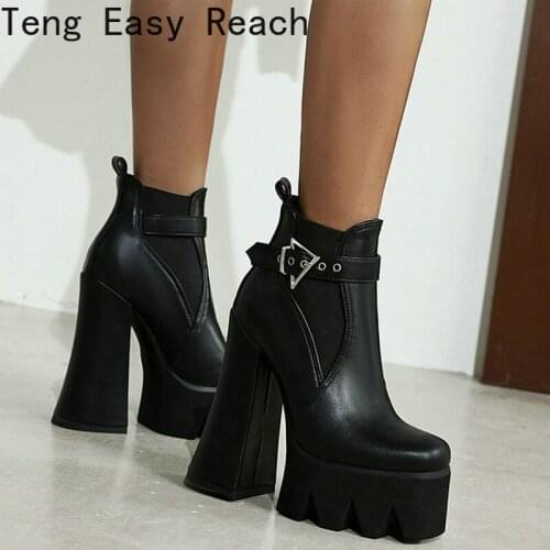Black Brown PU Leather Women Ankle Boots Platform Square High Heel Short Boots Elastic Band Buckle Ladies Motorcycle Boots 43