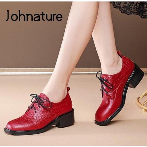 Johnature Pumps Women Shoes Retro 2021 New Spring/Autumn Genuine Leather Lace-Up Fashion Handmade Concise Platform Ladies Shoes
