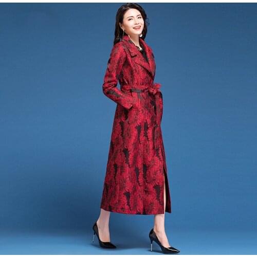 2021 Autumn Womens Casual Trench Coat Vintage Sunflower Print Long Windbreaker Female Outwear With Belt Slim Clothing