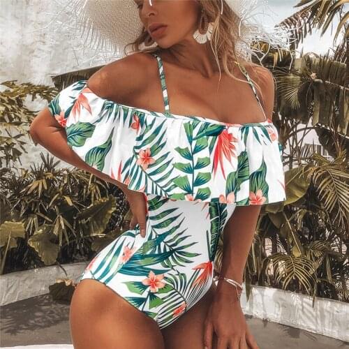 Push Up Swimsuit Women One Piece Boho Floral Print Swimsuits with Ruffle Leaf Print Tropical Swim Suit Female One-piece Swimwear