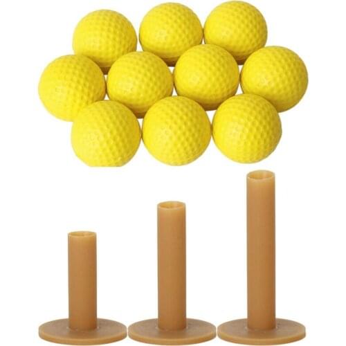 10Pcs Yellow Soft Elastic Indoor Practice PU Golf Ball & 3x Golf Tees Coffee Durable Tee Driving Range 60/ 70/ 80 mm