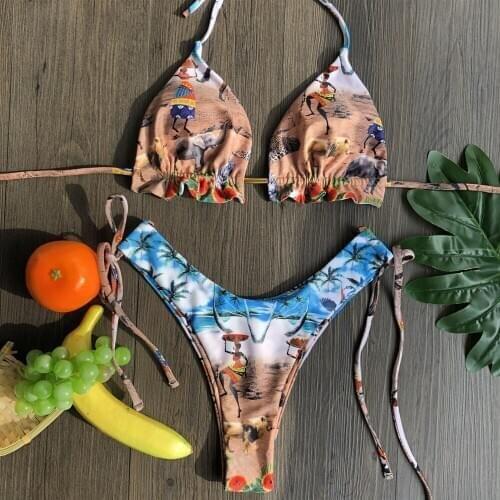 Bandage lotus leaf design swimsuit split sexy bikini two piece swimming wading sports beach suit thong bikini