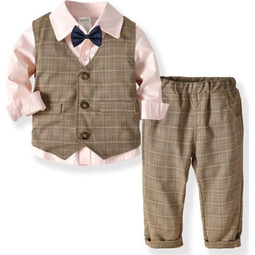 Children Clothes Baby Boy Set 2019 Spring Kids 3PC Party Formal Suit Long Sleeve Shirt With Bow+Plaid V-neck Wiastcoat+Pant Set