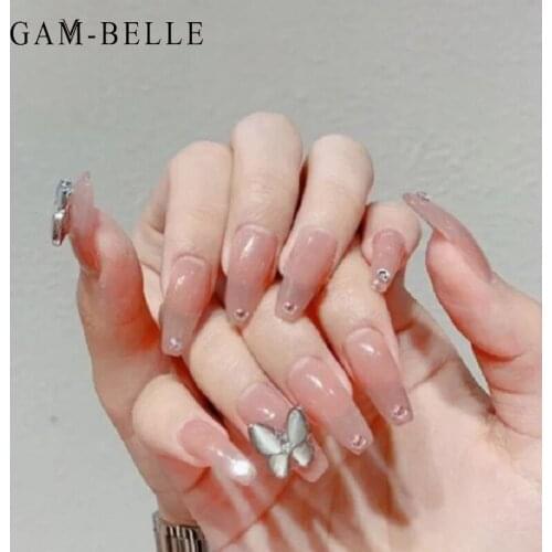 GAM-BELLE 24Pcs False Nails Elegant 3D Butterfly Long Ballerina Artificial Press On Nails Tips DIY Manicure Nail Art Tools
