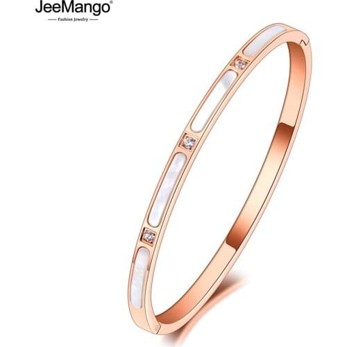 JeeMango Luxury CZ Crystal 4mm Cuff Bangles For Women White Shell Titanium Stainless Steel Bracelets Jewelry For Women JB20185