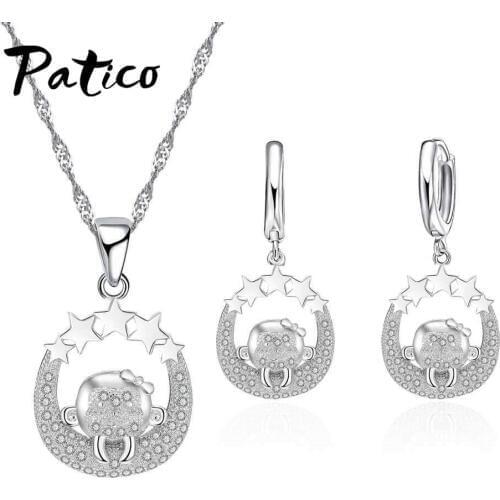 New Style 925 Sterling Silver Cute Monkey Animal Dotted Star Shape Metallic Made Earrings Necklace Set for Girl