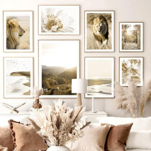 Pretty Peony Sea Beach Birds Eucalyptus Lion Forest Wall Art Print Canvas Painting Nordic Poster Decor Pictures For Living Room