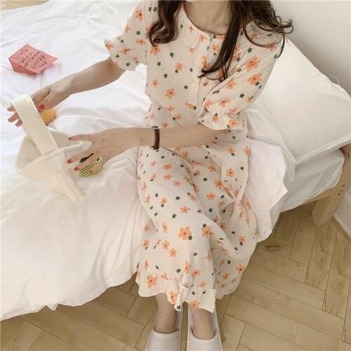 Summer Little Daisy Women Soft Nightgown Peter Pan Collar Cute Cotton Nightdress Short Sleeve Sleepwear Mini Dress Homewear