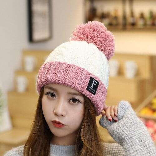 Fashion Korean Pop Winter Spring Wool Hoods Beanie Thick Warm Hat For Girls Letter Lady Ear Protection Hairball Knit Women Cap