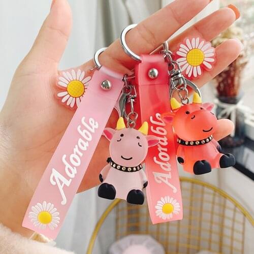 Cartoon Cow Calf Daisy Sukura Anime Keychain For Women Rubber Trinkle Key Ring Chains Car Bag Charm For Girl Boy Gift D814