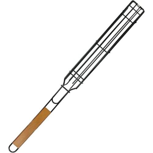 1pc Barbecue Grill Mesh Sausage Hot Dog Grilling Basket Barbecue Wooden Handle Outdoor Tools Mesh Clip Sausage Barbecue Gri V8K2