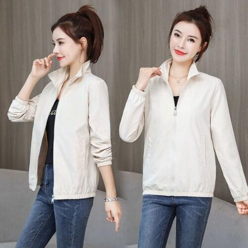 Womens Jackets 2021 Autumn Causal Long Sleeve Windbreaker Coat Famale Stand Collar Zipper Lightweight Jackets Oversized Outwear