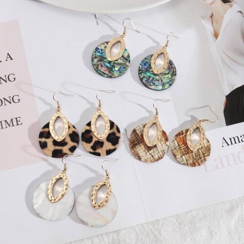 Round Abalone Shell Earrings for Women Gold Color Marquise Vegan Leather Cheetah Print Leopard Earrings Boutique Jewelry Gifts