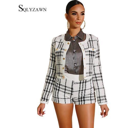 Women Elegant Plaid Black White Tweed 2 Piece Set Fall Winter Vintage Checkerboard Jacket Crop Top + Shorts Co Ords Suit Outfit