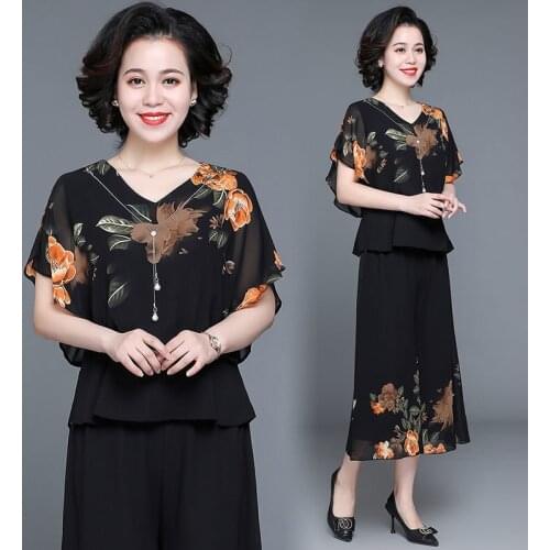 Two Piece Set Women Clothes Ladies Outfits Batwing Sleeve Chiffon Blouse Tops Loose Pants Floral Pattern Matching Sets XL-5XL