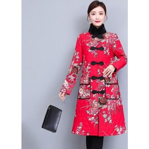 Chinese Style Clothing Women Trench Coats Winter Windbreakers Long Jackets Cotton Robe Vintage New Year Chinese Clothing 11879