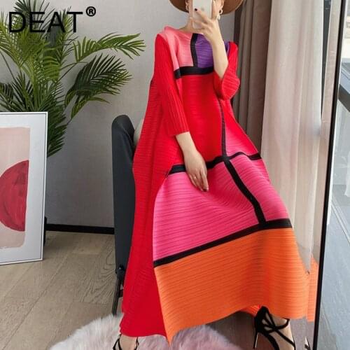 DEAT Women Maxi Pleated Dress Over Size Hit Color Stand Collar Seven Sleeve Loose Waist Casual Style 2021 New Summer 15XF771