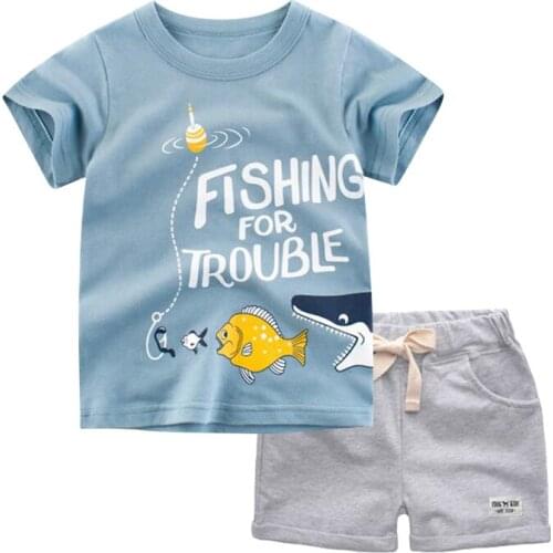 ZWF166 Summer Toddler Boy Clothes Set Cartoon Cotton Blue Short Sleeve T-shirt+Shorts 2PCS For Kid Children Clothing Sets