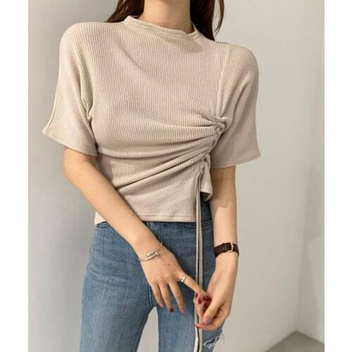 2021 early spring round neck pleated drawstring short-sleeved thin knit sweater top women