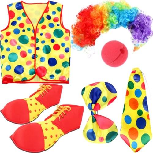 6pcs/set Of Clown Clothing Supplies-clown Shoes Vest Red Nose Rainbow Clown Wig