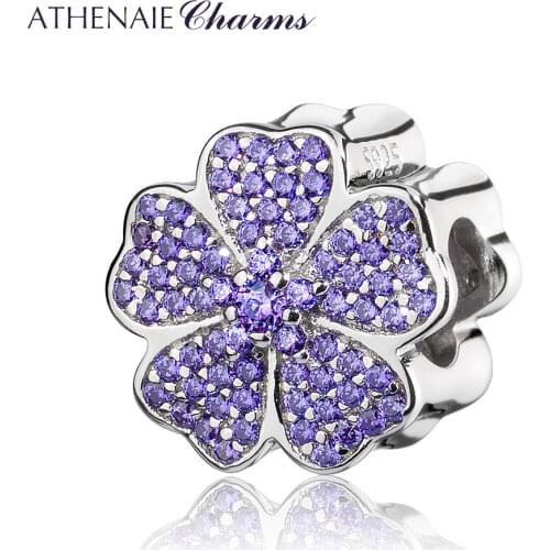 ATHENAIE 925 Sterling Silver with Pave CZ Primrose Charm Beads Jewelry Gift for Mothers Day Color Pink&Purple
