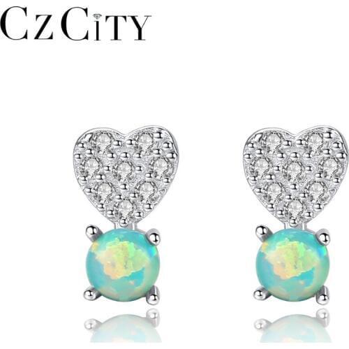 CZCITY Cute Small Round Opal Heart Zircon Stud Earrings for Women Three Colors Natural Fire Opal Earrings Silver 925 Jewelry