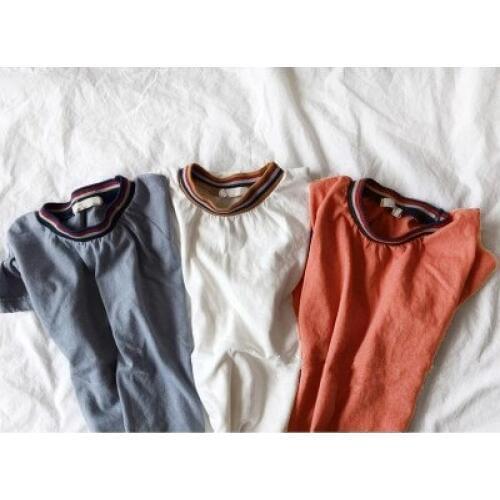 2020 Korean version of childrens clothing summer new boys and girls personality yarn-dyed color rib collar wild short-sleeved T