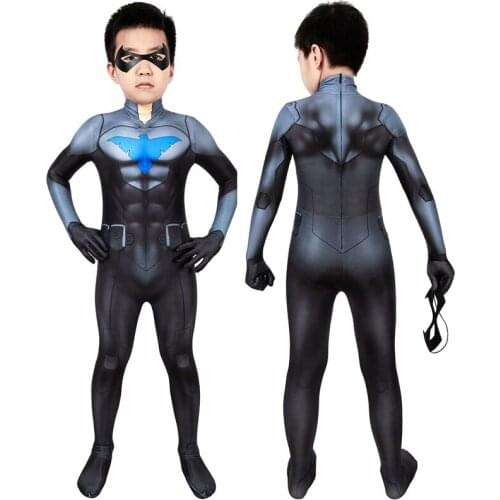 Kids Son of Bat Boy Dick Grayson Jumpsuit Cosplay Costume For Children Halloween Masquerade Party Bodysuit