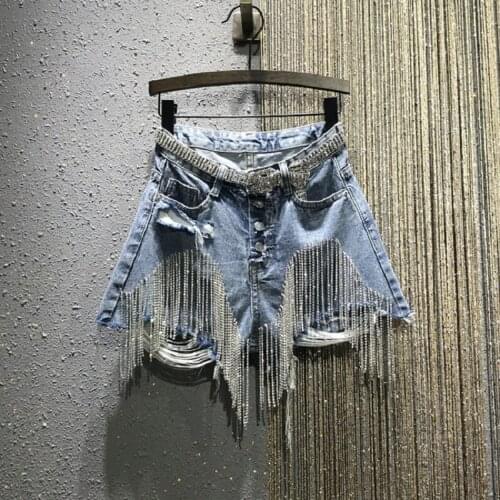 European station spring and summer new broken hole high waist water drill tassel chain slim straight tube jean shorts