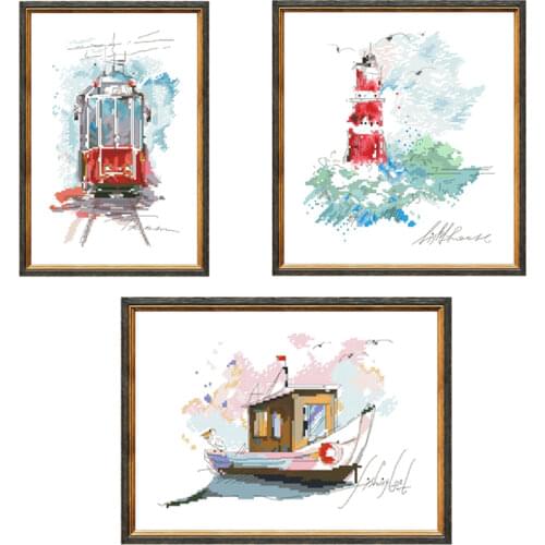 Urban tram Seaside lighthouse cross stitch package cartoon 18ct 14ct 11ct cloth cotton thread embroidery DIY handmade needlework