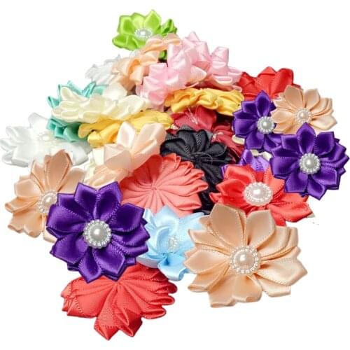 HL 20pcs 35mm mix color with pearl handmade flowers ribbon decoration accessories sewing appliques A131